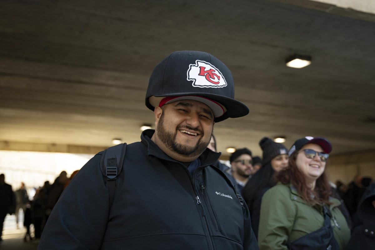 Villa Park resident Frank Guerrero wears an oversized Kansas City Chiefs hat to the Verizon Super Bowl FanFest at Soldier Field on Sunday, Feb. 9, 2025. 