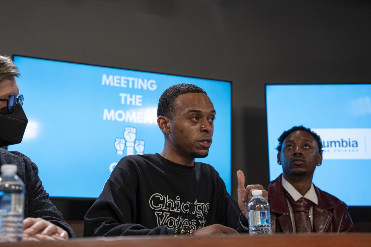 Multimedia content strategist and cultural organizer for Chicago Votes Tre King speaks to students during the Staying Safe panel of the Meeting the Moment: Civic Action event at the 33 E. Ida B. Wells Dr. building on Wednesday, March 5, 2025. 