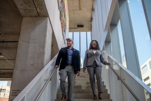 Former Interim President and Chief Executive Officer Jerry Tarrer shows newly appointed President and Chief Executive Officer Dr. Shantay N. Bolton around the Student Center on Friday, March 28, 2025.