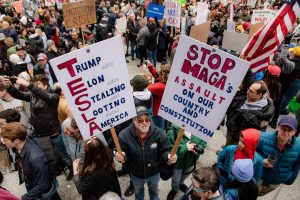 Large groups of people gather to criticize Elon Musk and President Donald Trump at the Hands Off! protest in downtown Chicago on Saturday, April 5, 2025.