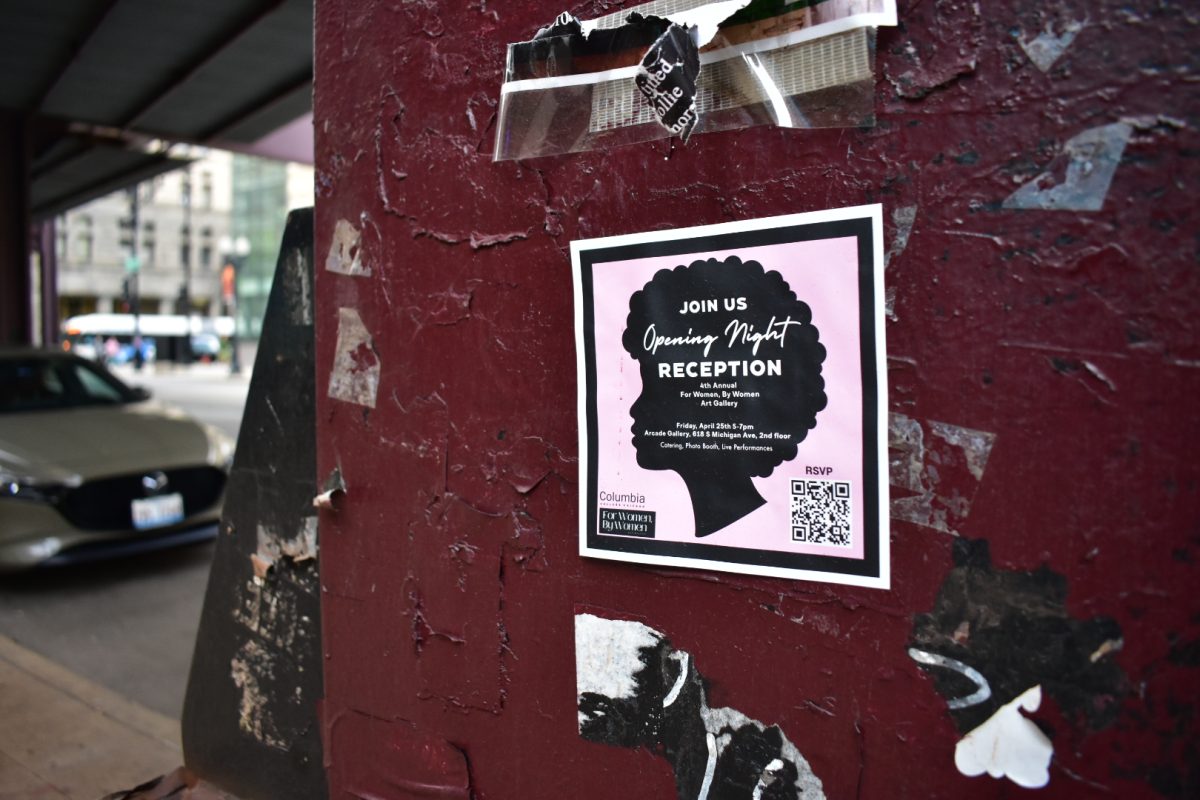 A flyer for the opening night reception for the annual For Women, By Women Art Gallery is spotted outside near 33 E Ida B. Wells on Thursday, April 24, 2025.