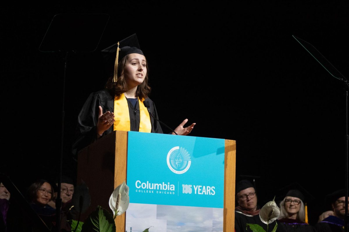 Graduate Abby Rankin delivers graduation speech to fellow graduates at Credit Union 1 Arena on Sunday, May 18, 2025.