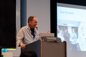 Professor of Photography Jay Wolke, one of the departing faculty members honored at the faculty farewell party, gives a brief speech in the Conaway Center at 1104 S. Wabash Ave. on Thursday, May 29, 2025.