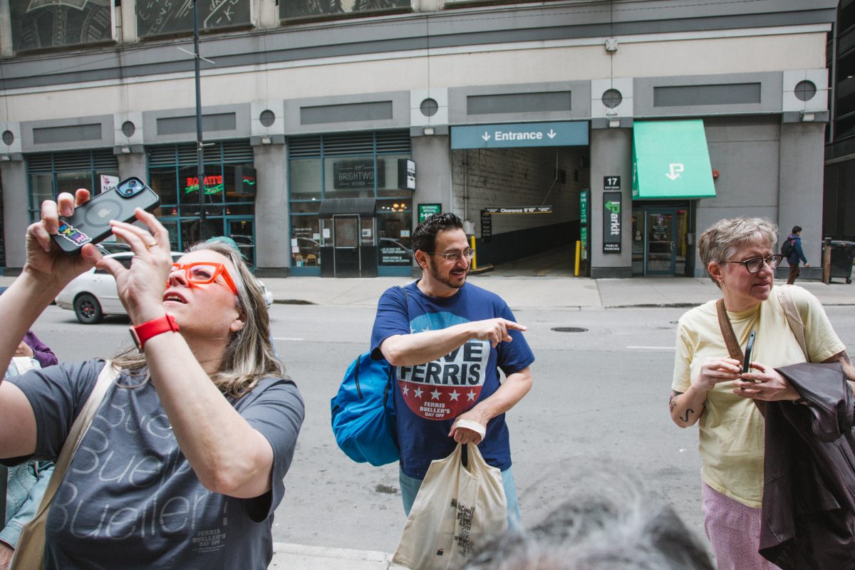 The group stops at the Broadway Cafe at 22 E. Adams St. to connect the tour to a Broadway play that Alan Ruck and Matthew Broderick starred in called "Biloxi Blues" by Neil Simon. On Location Tours led tourists on a two-hour walking tour through downtown Chicago on Thursday, June 5, 2025.