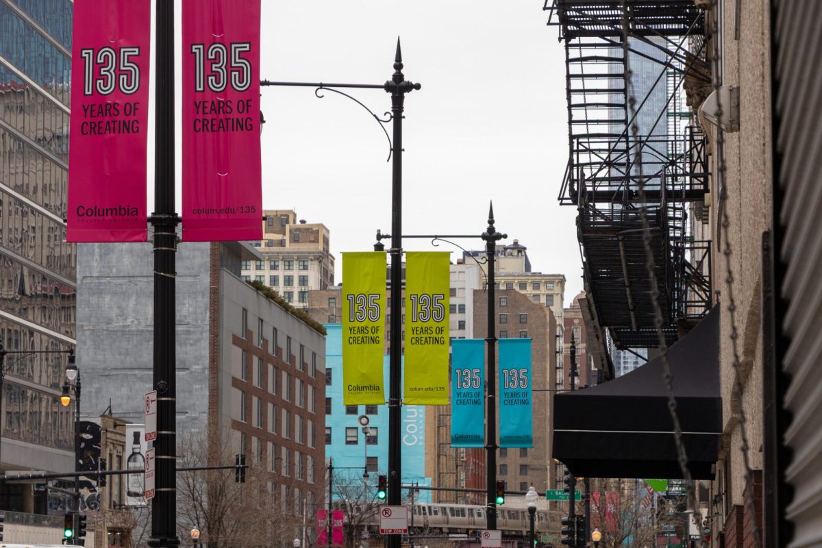 As Columbia College Chicago is celebrating its 135 year anniversary since it's founding in 1890, a second round of layoffs has been announced amidst the college's financial crisis. 135 year banners can be seen on Wabash Ave. outside the Student Center on Saturday, April 5, 2025.