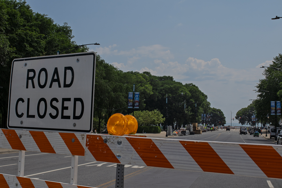 Balbo Drive is closed from Columbus Drive to DuSable Lake Shore Drive as preparations for the NASCAR Chicago Street Race begin on Thursday, June 19, 2025.
