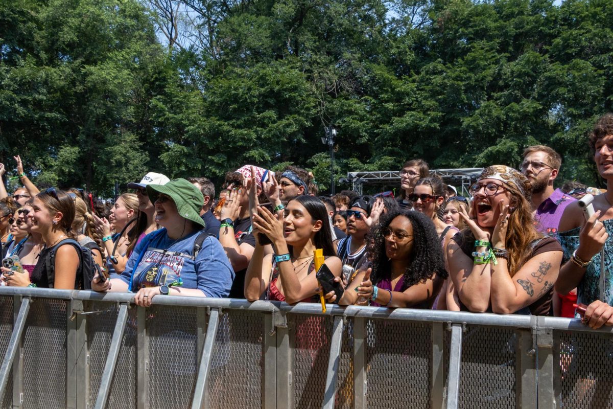 Fans cheer for folk duo hey, nothing during their performance at Lollapalooza on Friday, Aug. 1, 2025.