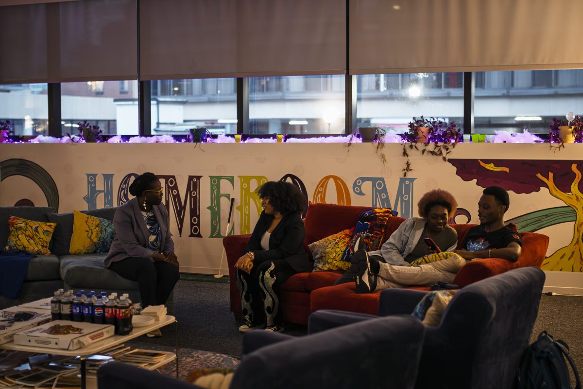 Columbia President and CEO Shantay Bolton visits with students at the college's "America's Got Talent" watch party on Tuesday, Sept. 23, 2025.  First-year music business major Keith “Kash” Smith was performing with the Leo High School Choir in the finals of the NBC show.