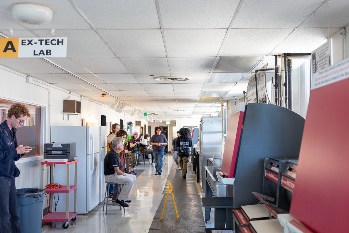 Students of Angelo Mantas, Adjunct Professor of Instruction, walk down the hallways of the darkroom lab on the 10th floor of the 600 S. Michigan Ave. building on Monday, Sept. 8, 2025. 