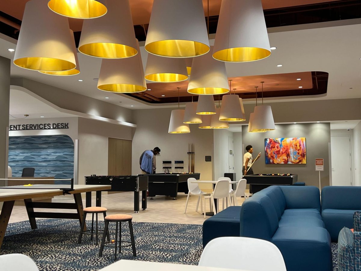 A common area on the second floor of the University Center sits empty after a weekend Wi-Fi outage forced students to seek internet outside the college’s largest dorm to finish homework assignments on Sunday, Sept. 7,  2025.