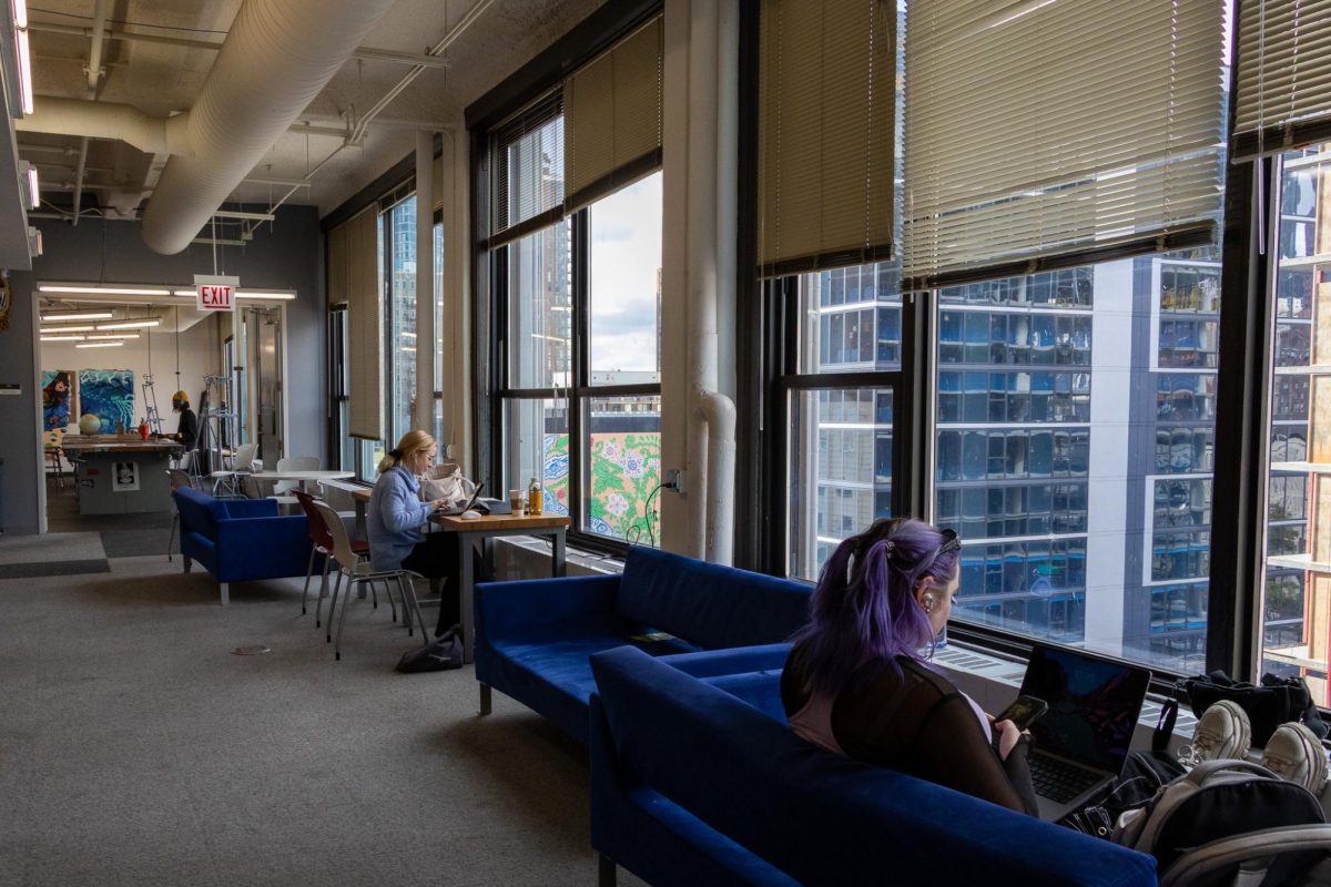Students work on homework and projects on the eighth floor of the 623 S. Wabash Ave. building on Thursday, Sept. 25, 2025.