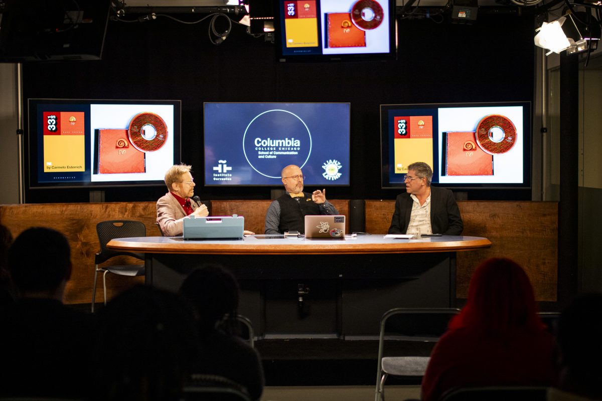 A panel featuring Sebastian Huydts, a professor in the School of Audio and Music, and Marcelo Sabates, a professor in the School of Communication and Culture, celebrated the book launch of Carmelo Esterrich’s “Café Tacvba Re” in the studio at 33 E. Ida B. Wells in collaboration with Allianza Latina and Instituto Cervantes on Wednesday, Oct. 8, 2025. Esterrich is an associate professor in the School of Communication and Culture.