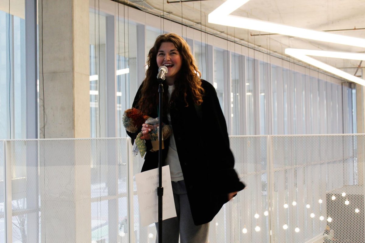 Julia Palen, a freshman acting major, says what she's thankful for during a walk-up interview to be part of a video by the Campus Communications Department on Tuesday, Nov. 18, 2025.