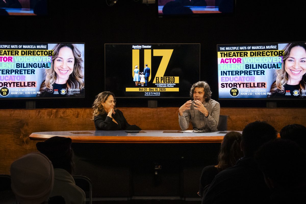 The School of Communication, in partnership with the Hispanic Journalists of Columbia and Alianza Latina, hosted theater director and actor Marcela Muñoz, who spoke with Elio Leturia, an associate professor in the School of Communication and Culture at 33 E. Ida B. Wells on Wednesday, Nov. 19, 2025.