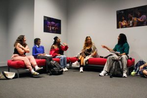 Students sit on the second floor of the Getz Theatre at 72 E. 11th St. in between classes on Sept. 6, 2025.