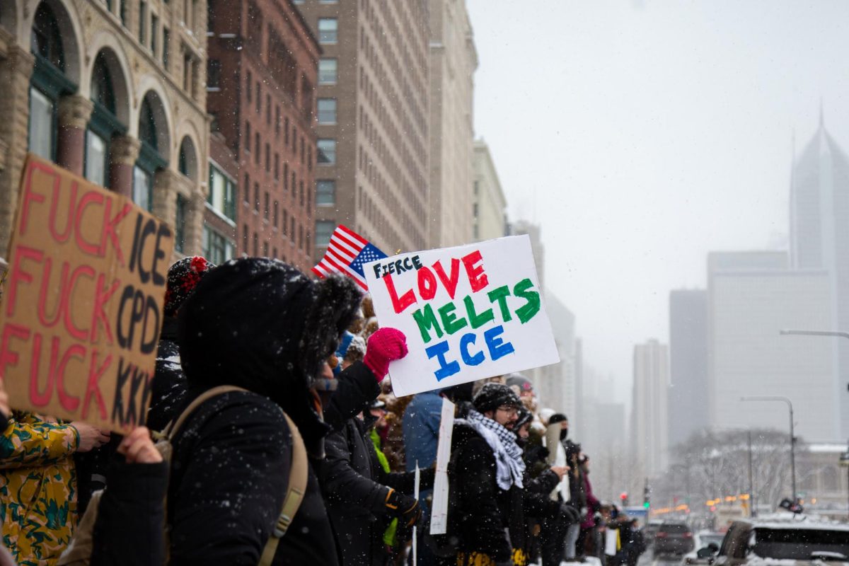 Protesters hold signs and line the median in the middle of Michigan Avenue during the "ICE Out Of Everywhere" protest on Sunday, Jan. 25, 2026.