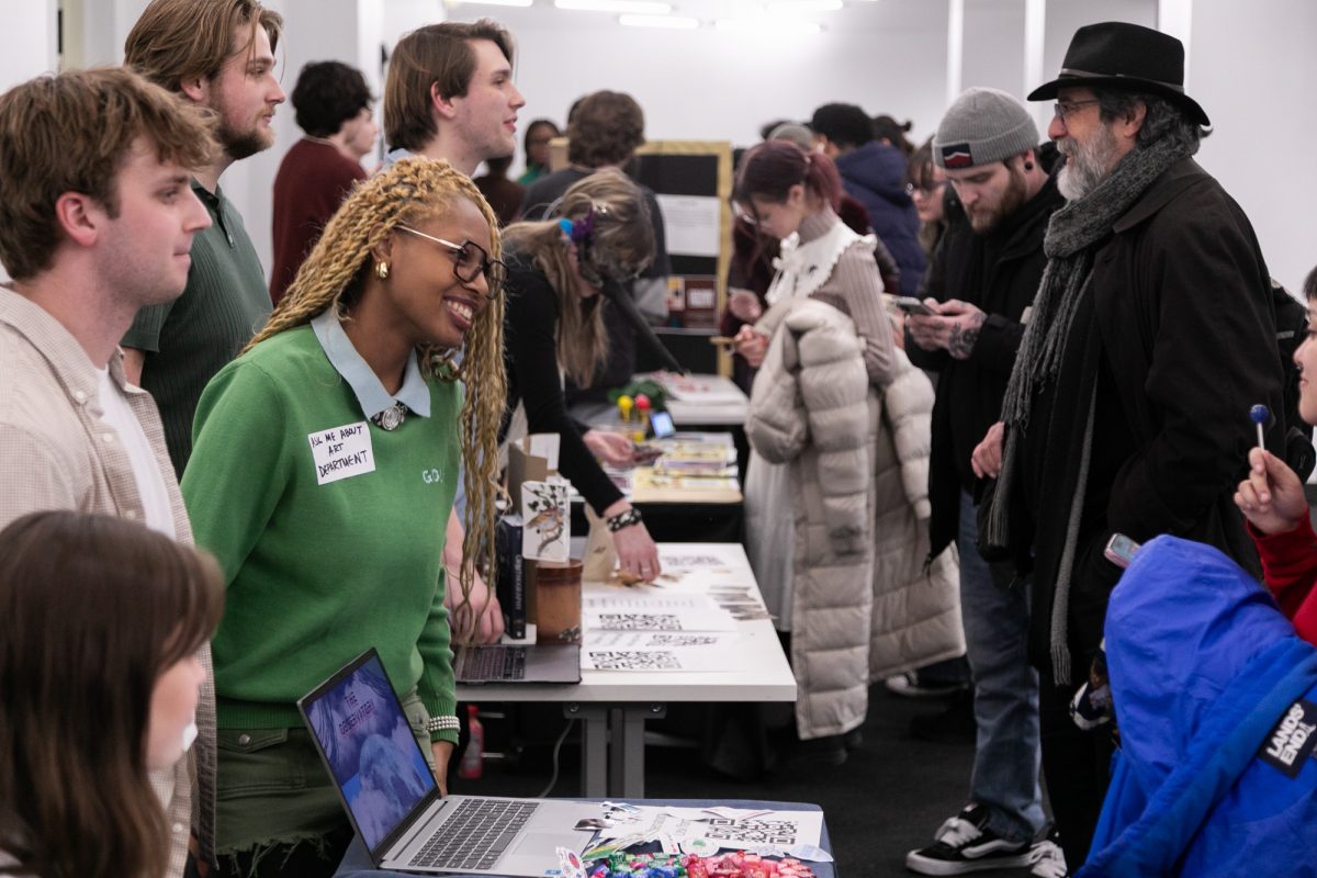 Students and teachers gather to pitch their short films at the Capstone Production Salon hosted at the Film Row Cinema at 1104 S. Wabash Ave. on Tuesday, Feb. 3, 2026. 