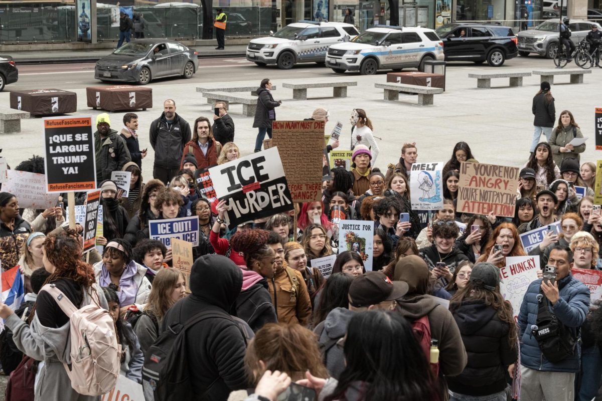 Students participating in the national school walkout chant and cheer in Daley Plaza on Friday, Feb. 13, 2026.