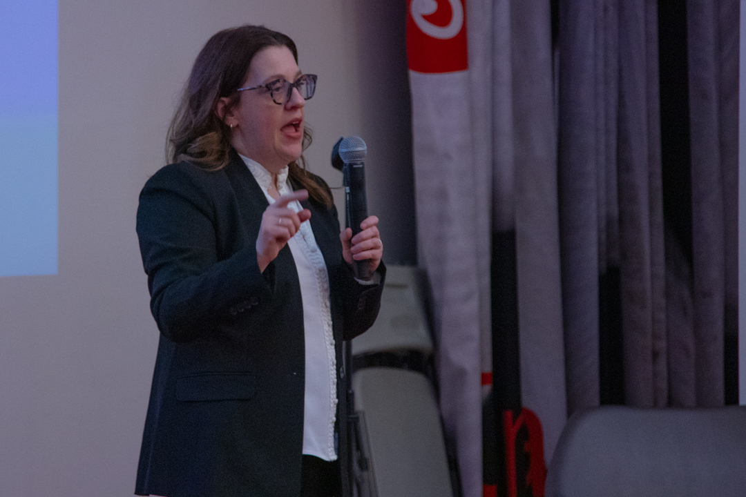 Melissa Rands, provost candidate from Minneapolis College of Art and Design, discusses faculty development and student success during the open forum in Ferguson Hall on Monday, Feb. 23, 2026.