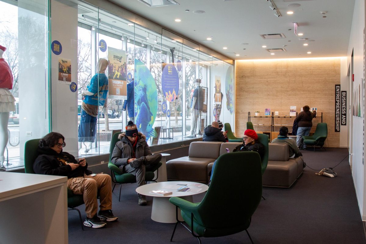 Prospective students and guests wait for their scheduled campus tour in the lobby of the 618 S. Michigan Ave. building on Friday, Feb. 20. 2026.