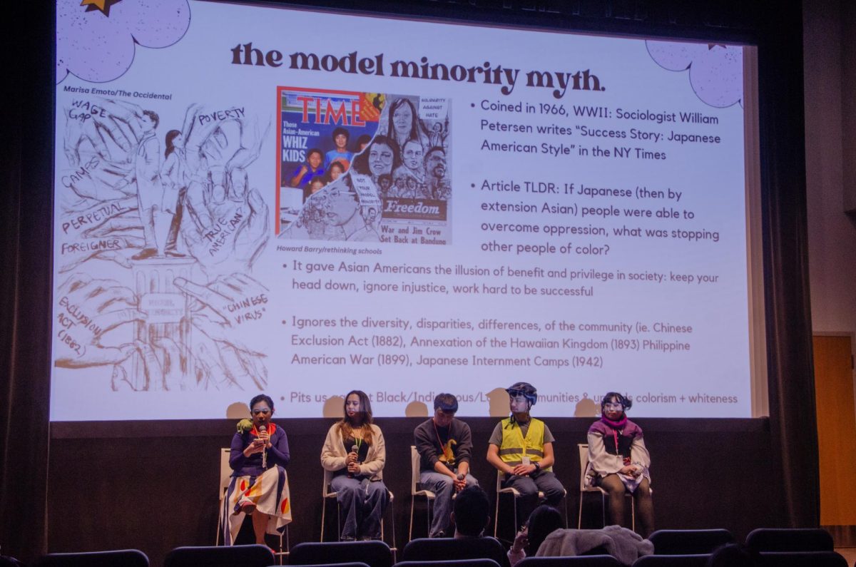 The "Not Your Model Minority!" group speaking at their panel in the Film Row Cinema at 1104 S. Wabash Ave. on Sunday, March 15, 2026. 