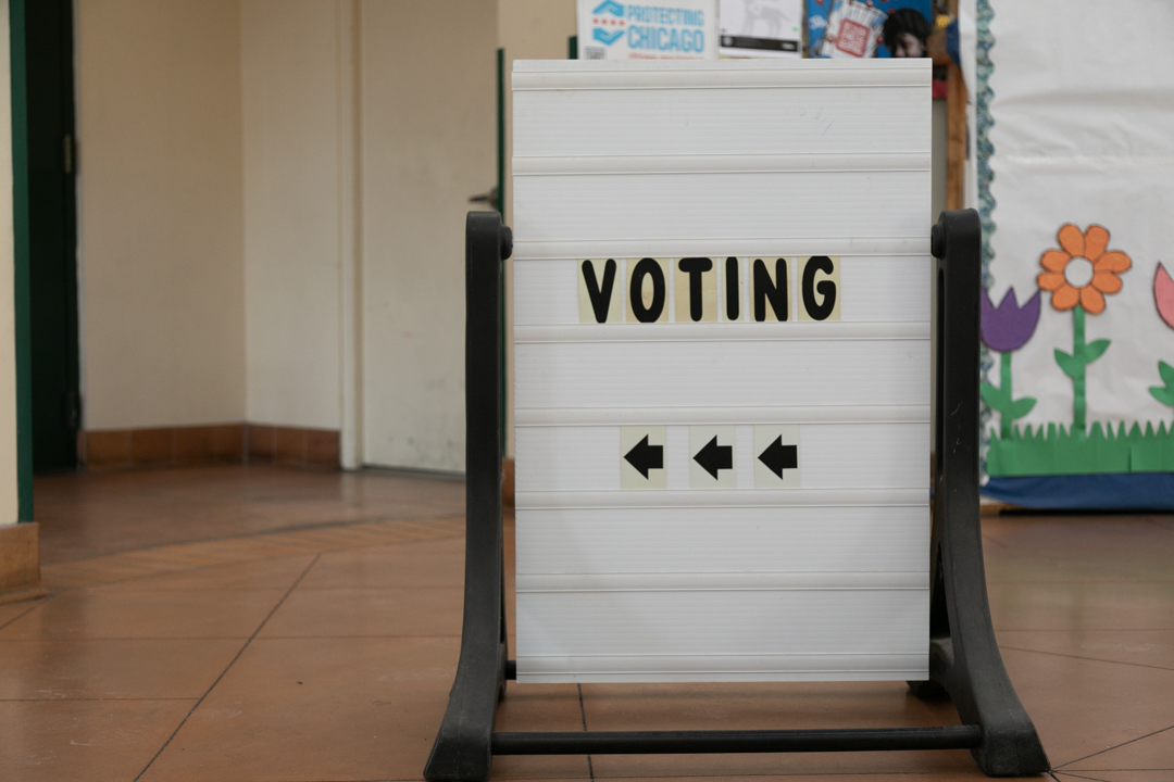 Directions for the polls located in the lobby of Harrison Park in Chicago on Tuesday, March 17, 2026.
