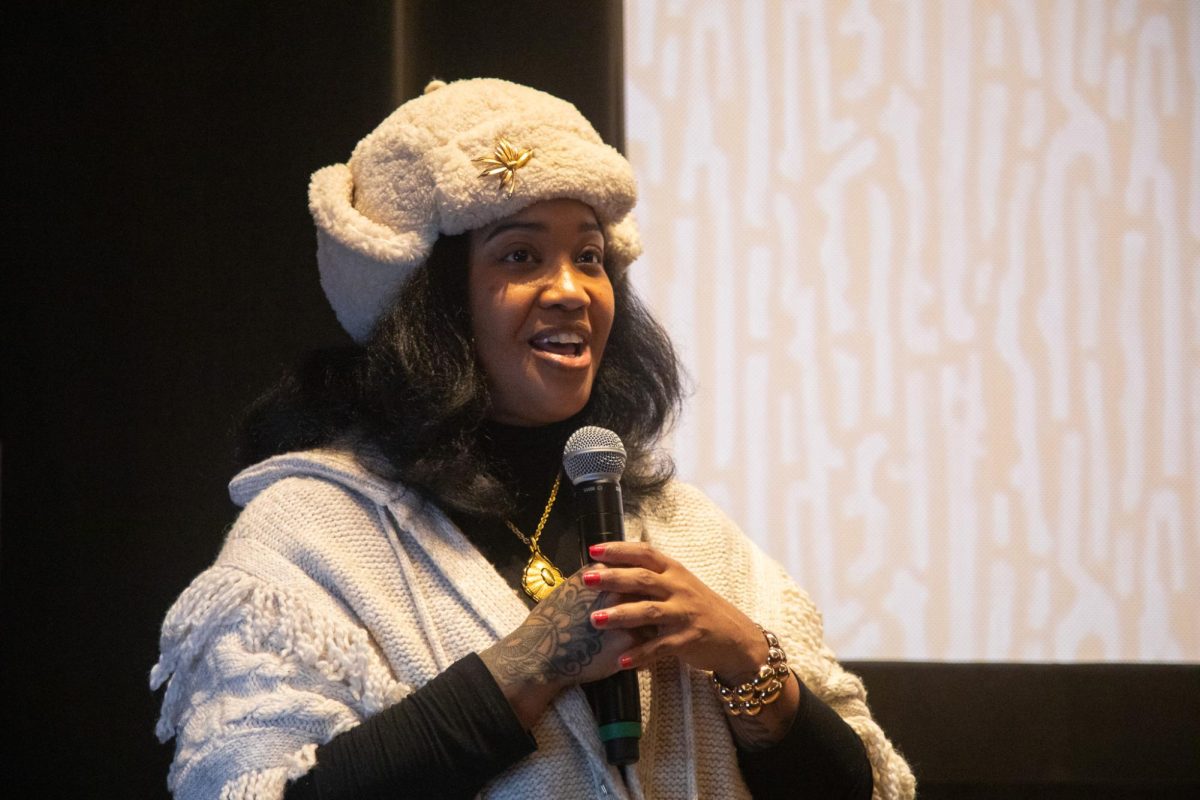 Photographer and Columbia alum Tonika Lewis Johnson speaks to the audience during a short film screening and conversation about her "Folded Map Project" at Film Row Cinema at 1104 S. Wabash Ave. on Wednesday, March 4, 2026.