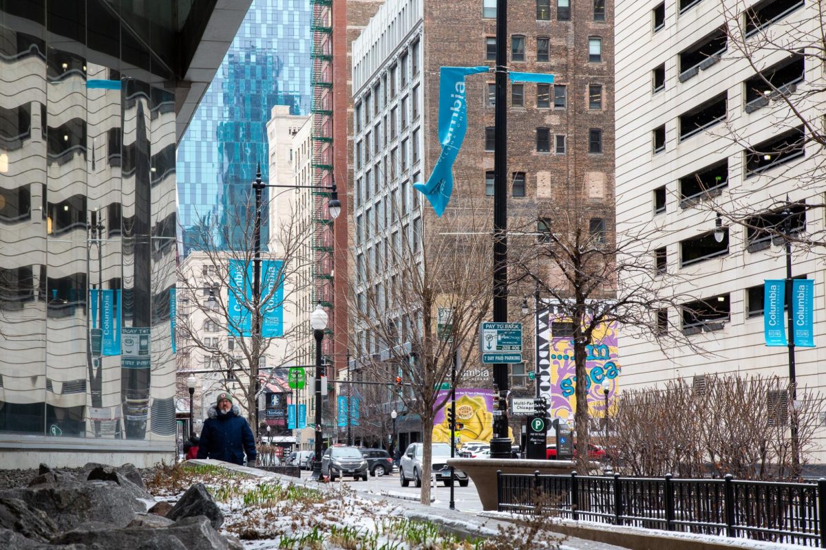 A torn Columbia lamppost banner blows in the wind outside the Student Center on Monday, March 16, 2026. Wind gusts reached over 60 mph this past Friday. 