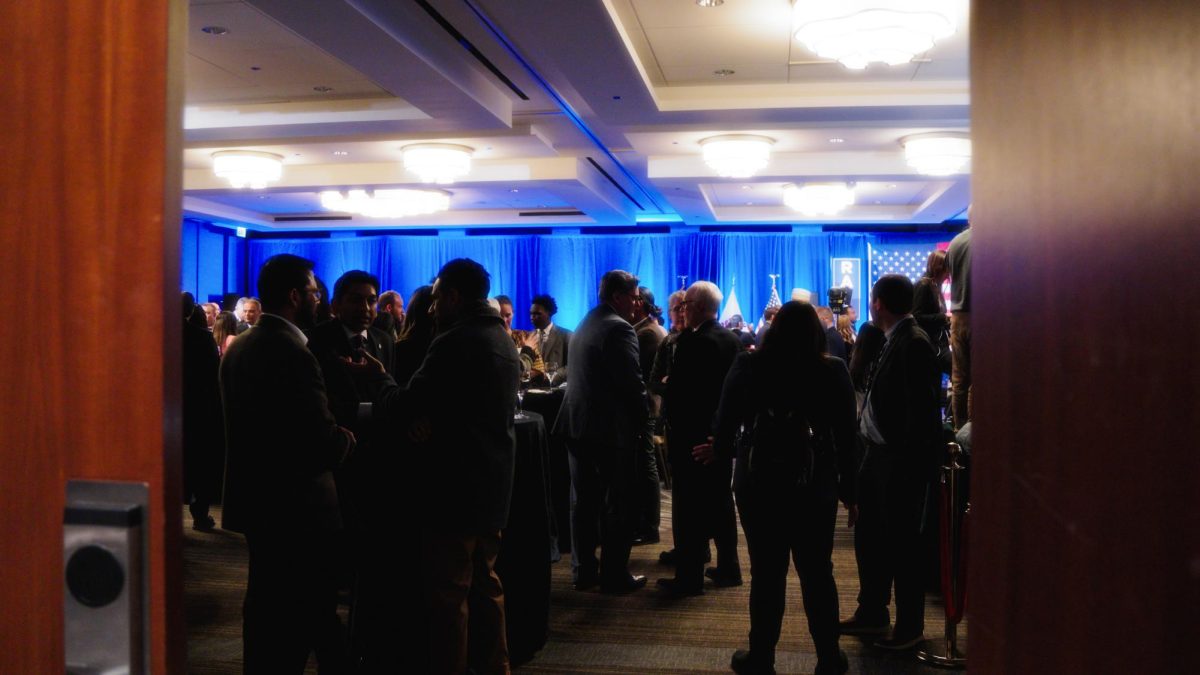 Attendees gather at Raja Krishnamoorthi’s election night watch party during the Illinois Democratic Senate primary on Tuesday, March 17, 2026.