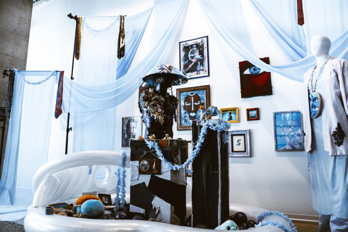 Sam Kirkwood Jr.'s exhibit combines various interests and aims to uncover nuances in black masculinity on the third floor of the Student Center on Wednesday, March 18, 2026.