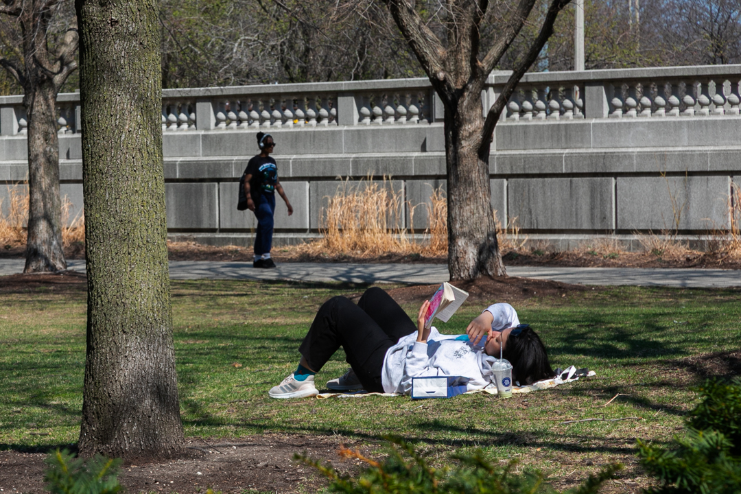 A Chicago resident reads a book in Grant Park on Monday, March 30, 2026. 
