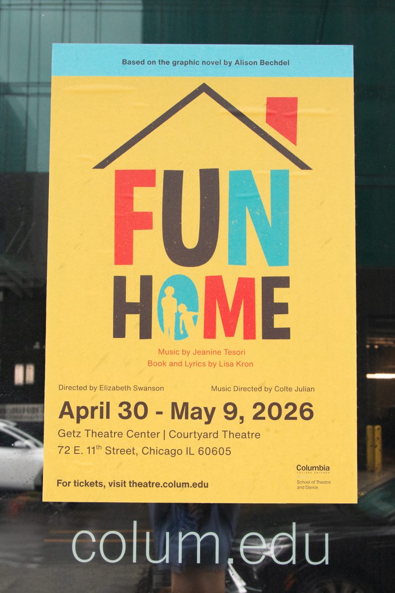 A poster for "Fun Home" hangs on the window of the Getz Theatre Center on 72 E. 11th St., on Monday, April 27, 2026. 