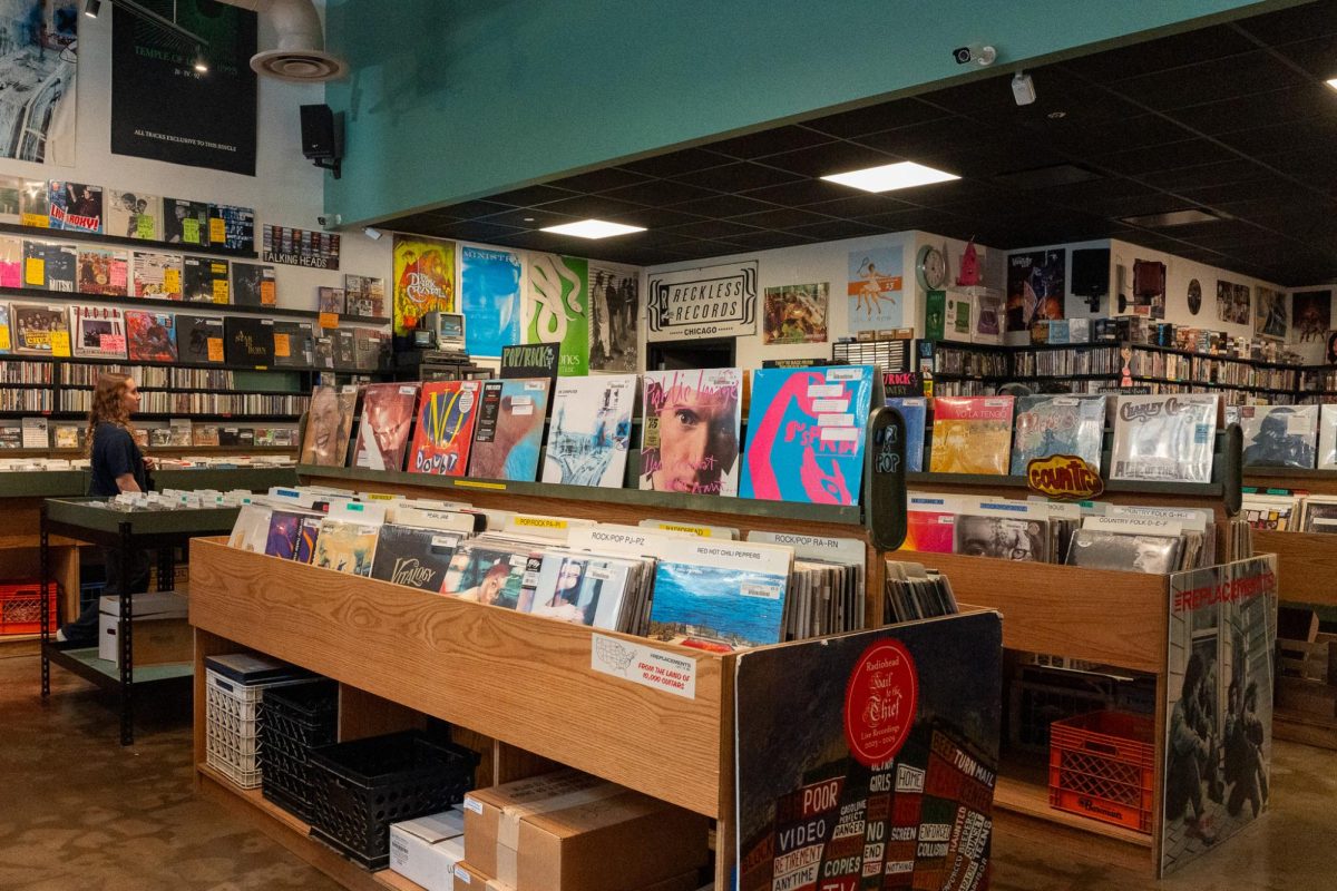 Vinyls line the walls of Reckless Records, 33 S. Wabash Ave., on Friday, April 17, 2026, in Chicago.