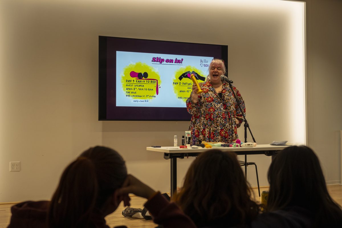 Searah Deysach, owner of Early to Bed, a Chicago feminist sex shop, talked to students about sex toys at the Hive on the third floor of the 618 S. Michigan Ave. building on Wednesday, April 8, 2026.
