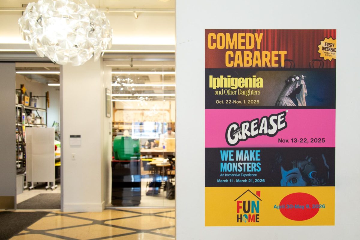 A poster listing the 2025-2026 theatre productions hangs in the lobby of the the Getz Theatre Center on 72 E. 11th St., on Tuesday, April 21, 2026. The last production Fun Home opens on April 30.