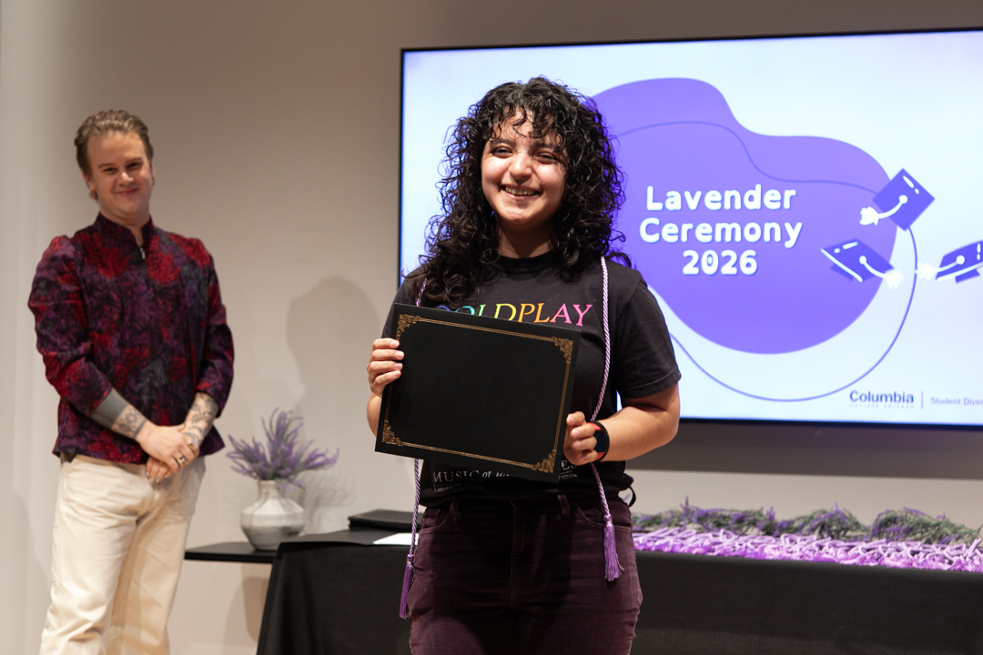 Ana Lara combined degree bachelors in fine arts senior strategic communications, stands proudly before the audience upon receiving their lavender cord at the Hive on the 3rd floor of the 618 S Michigan Ave. building on Thursday, May 7th, 2026.