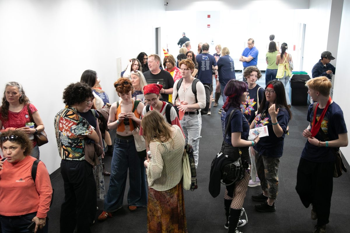 Lines grow longer in anticipation for the animation short film screening at Film Row Cinema on the 8th floor of 1104 S. Wabash Ave., on Saturday May 16, 2026.