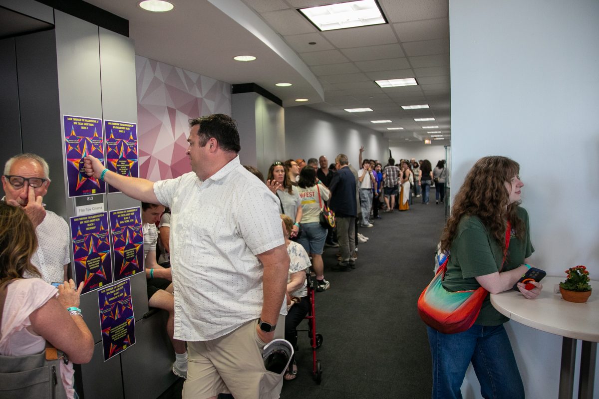 Friends and family of Columbia students line up for the BA short film screening on the 8th floor of 1104 S. Wabash Ave., Film Row Cinema, on Saturday, May 16, 2026. 