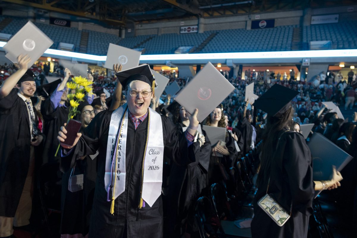 Graduates celebrate as Columbia’s morning commencement ceremony comes to a close.