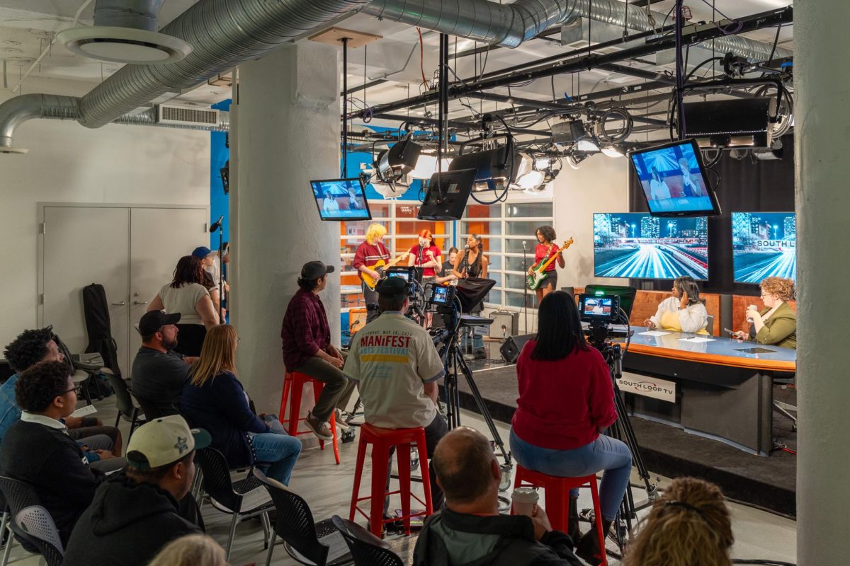 The Biggest Mouth winning band, Mistrophia, do a sound check during the practice run of South Loop TV’s broadcast show in the second floor studio of the 33 E. Ida B. Wells building on Friday, May 15, 2026.