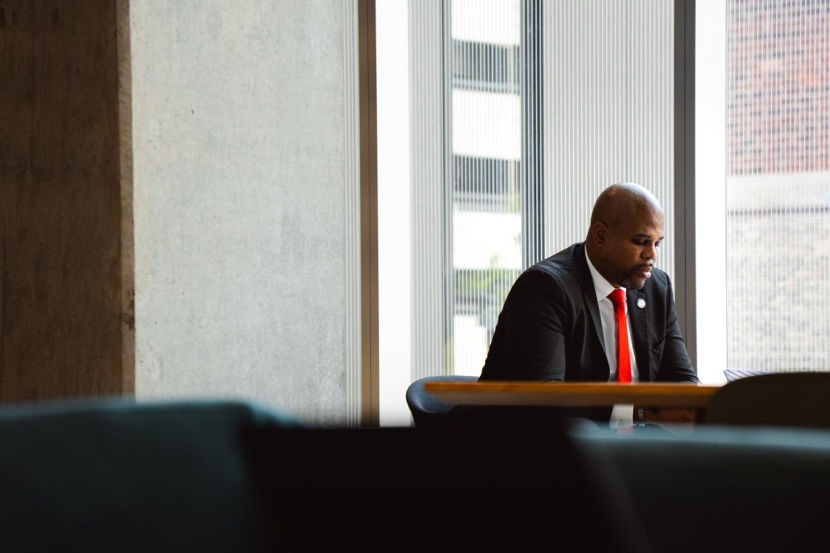Senior Vice President of Enrollment Strategy and Student Success Emmanuel Lalande meets with trustees in the Student Center on Wednesday, May 6, 2026.