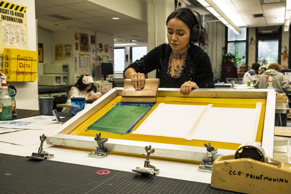 Daniela Galvez, a senior illustration major, works on their final project in the printmaking studio on the second floor of 623 S. Wabash Ave. on Friday, May 8, 2026.