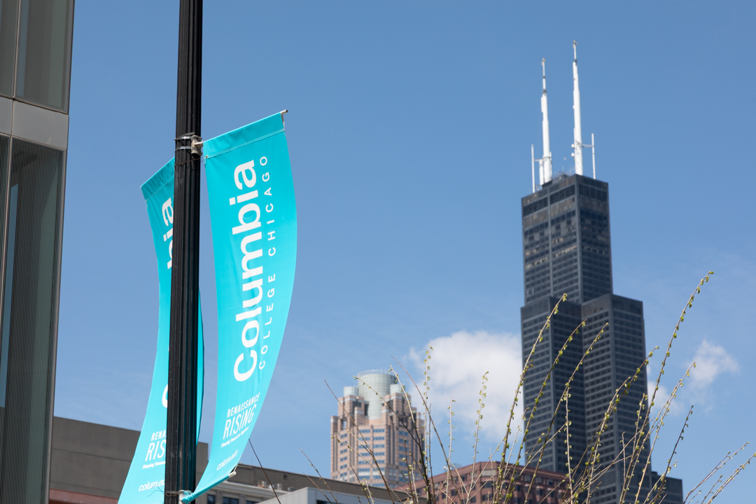 School spirit banners line Wabash Ave on Monday, April 20, 2026.