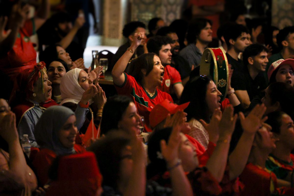 Moroccan fans sit on the edge of their seats as the match between Morocco and Brazil grows tense near the end of regulation at Alhambra Palace in Chicago on Saturday, June 13, 2026.