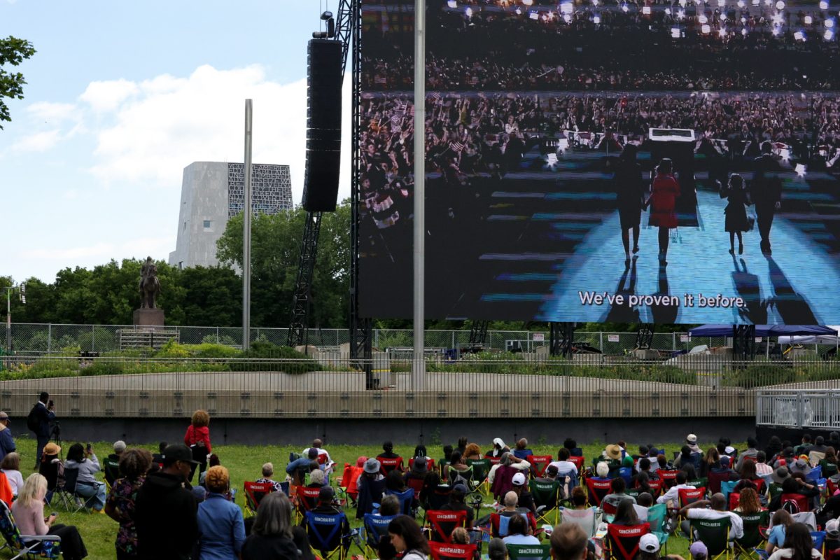 Hundreds gather at Midway Plaisance Park to watch the Grand Opening Ceremony for the Obama Presidential Center on Thursday, June 18, 2026.