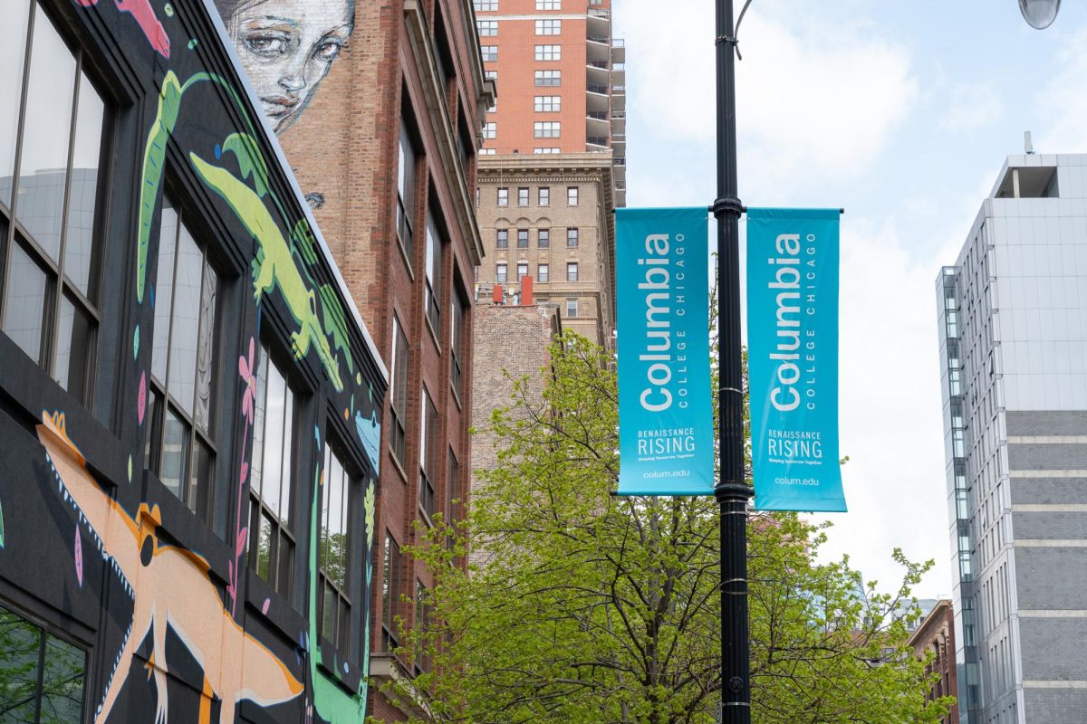 Columbia banners hang along S. Wabash Ave. on April 16, 2026. 