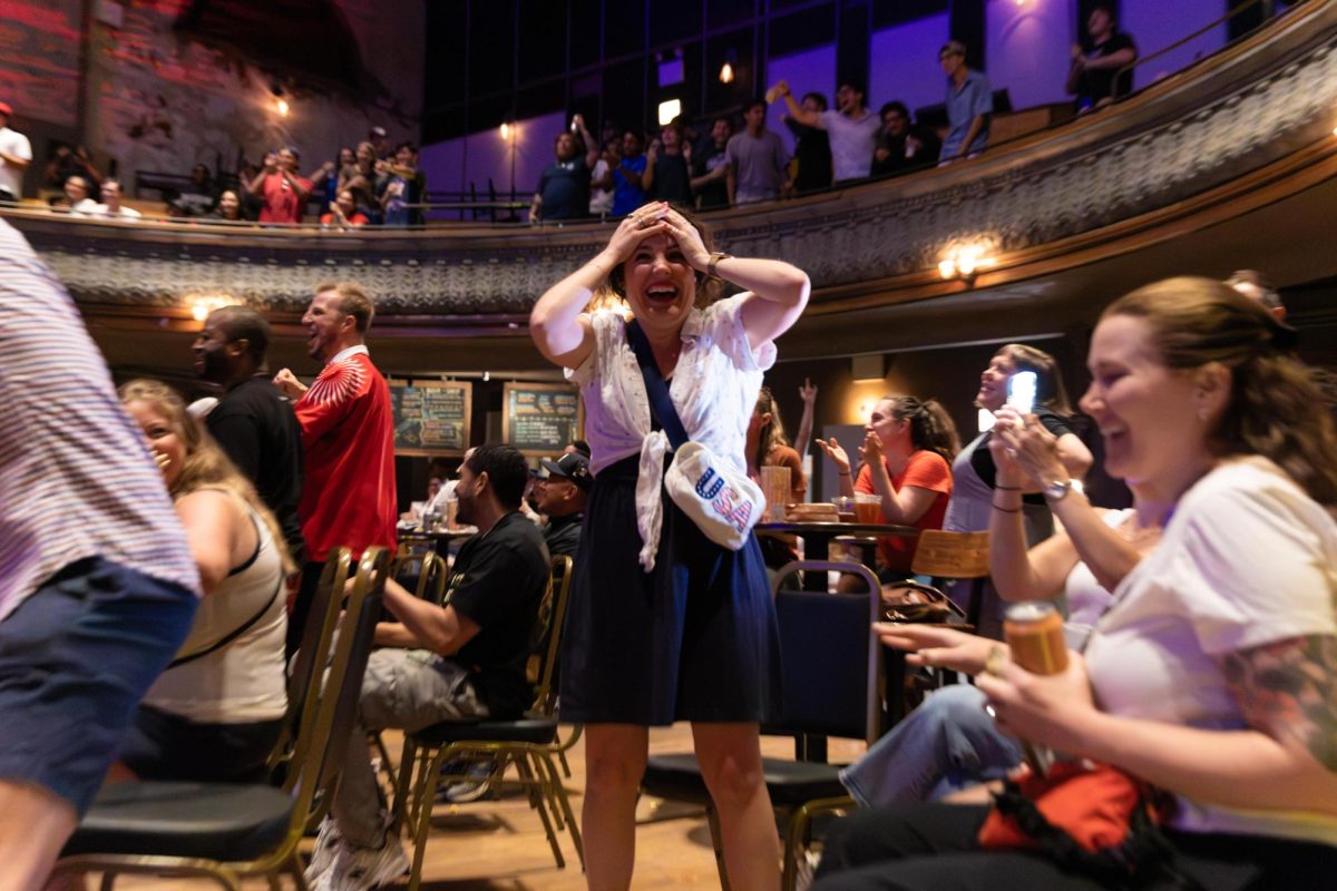A fan reacts with excitement at Thalia Hall on Monday, July 6, 2026, after the United States scored the opening goal against Belgium.