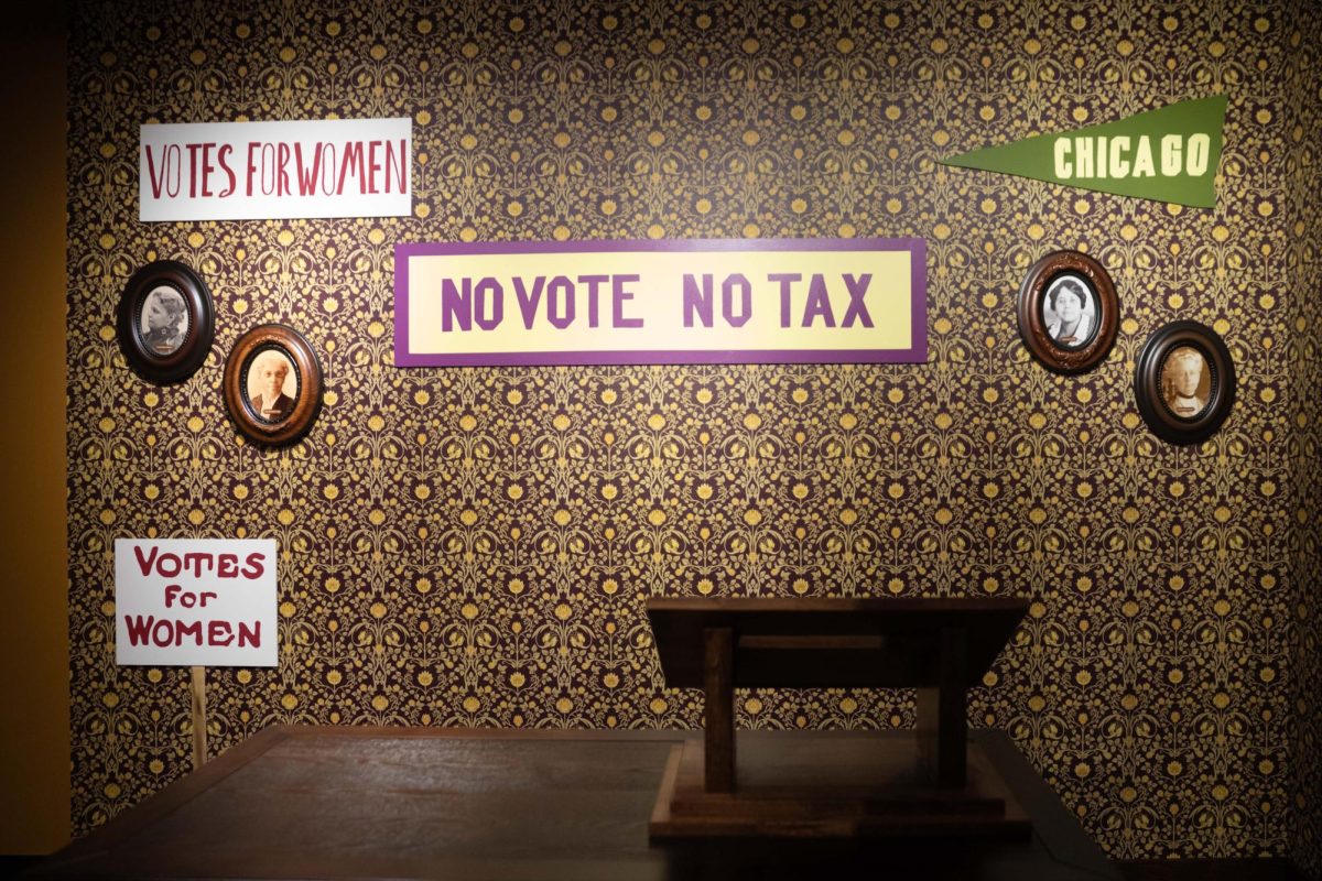 Artifacts and signs highlighting the women’s suffrage movement are displayed in the “Facing Freedom” exhibition at the Chicago History Museum on Wednesday, July 1, 2026.
