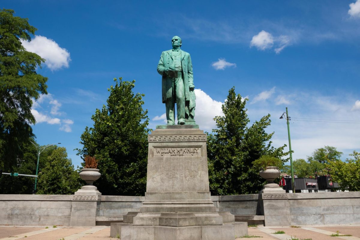 A statue of William McKinley stands in the McKinley Park neighborhood on Tuesday, July 7, 2026. Dedicated in 1905, the bronze monument honors the 25th U.S. president after a fundraising campaign launched by local residents shortly after his 1901 assassination. This photo is part of the Columbia Chronicle’s “77 Community Areas” project, documenting Chicago in celebration of America’s 250th birthday.
