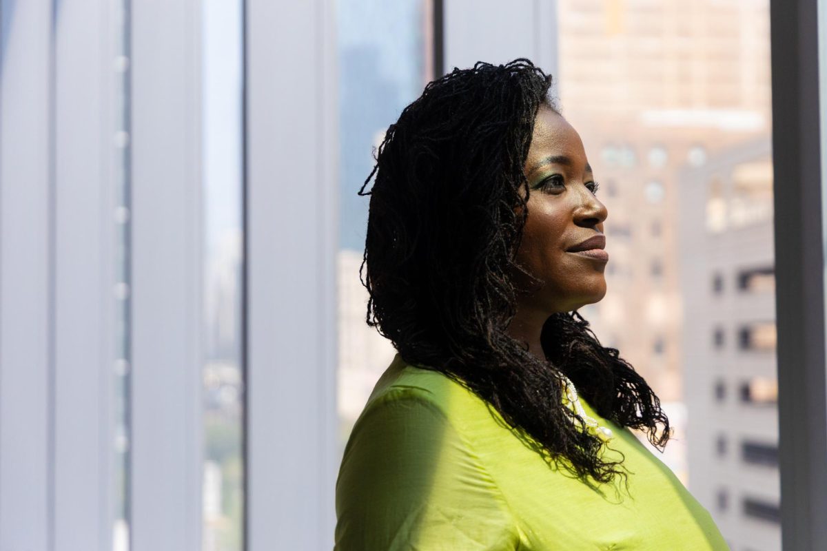 President and CEO Shantay Bolton looks out Columbia College Chicago’s downtown campus in the Student Center on Aug. 7, 2026.
